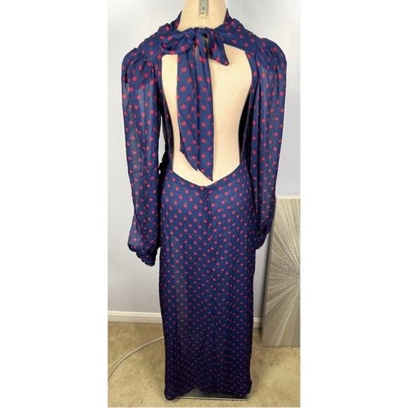 For Love & Lemons Mavis Polkadot Long Sleeve Blue and Red Maxi Dress Sz XS - Picture 11 of 13